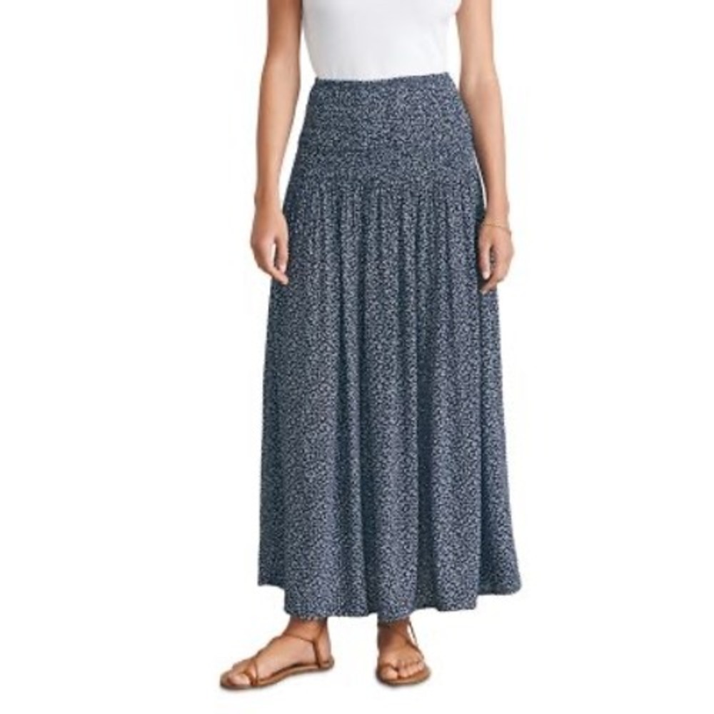 Faherty Navy Blue Alisee Floral Smocked Waist Maxi Skirt Size L WBU2410-NRY